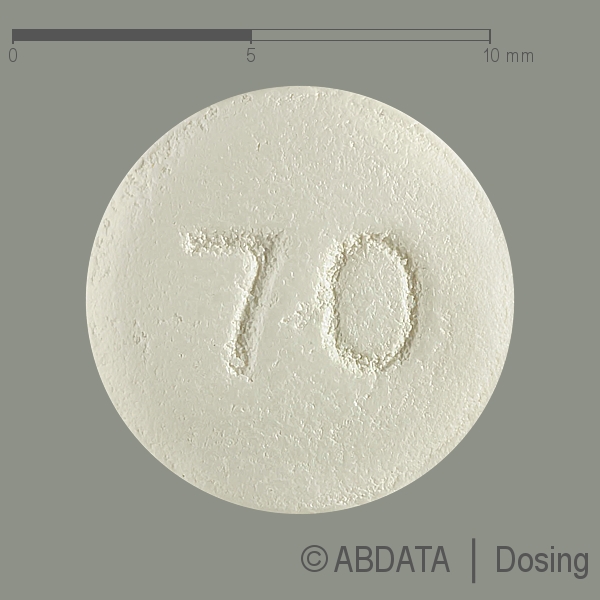 Produktabbildungen für DASATINIB AL 70 mg Filmtabletten STADA in der Vorder-, Hinter- und Seitenansicht.