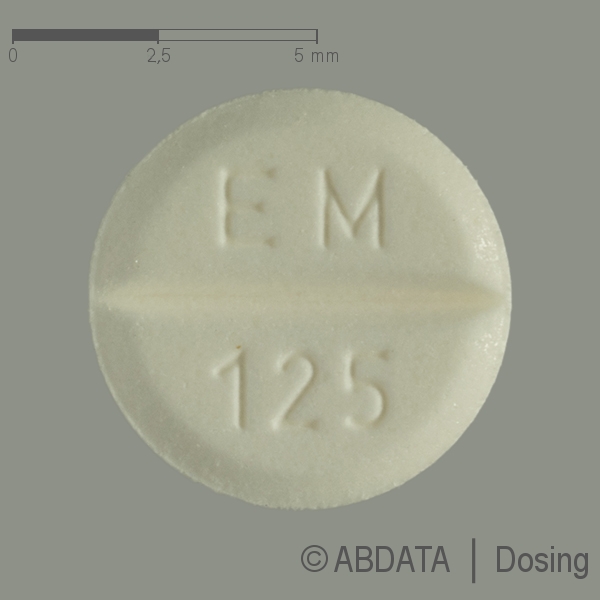 Produktabbildungen für EUTHYROX 125 Mikrogramm Tabletten in der Vorder-, Hinter- und Seitenansicht.