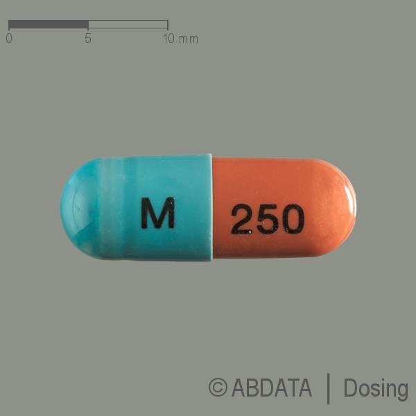 Produktabbildungen für MYFENAX 250 mg Hartkapseln in der Vorder-, Hinter- und Seitenansicht.