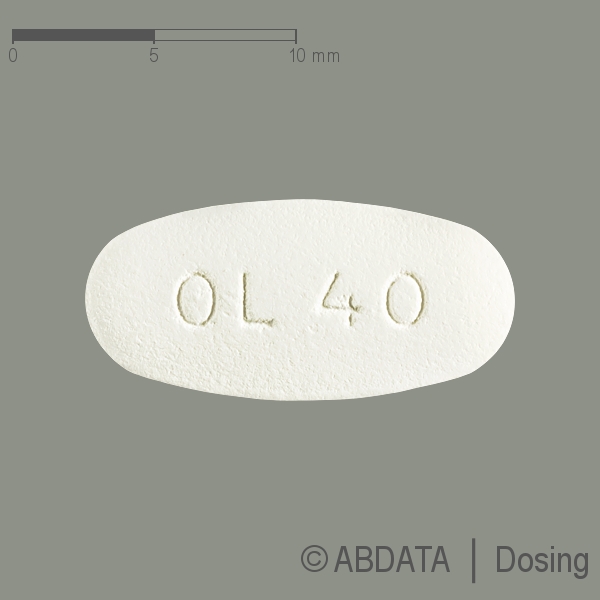 Produktabbildungen für OLMESARTAN-ratiopharm 40 mg Filmtabletten in der Vorder-, Hinter- und Seitenansicht.