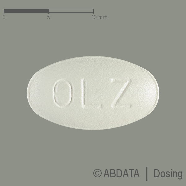Produktabbildungen für OLANZAPIN beta 20 mg Filmtabletten in der Vorder-, Hinter- und Seitenansicht.
