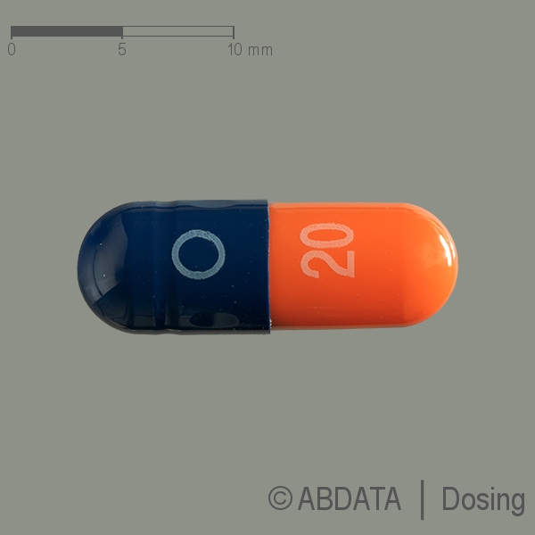 Produktabbildungen für OMEPRAZOL AbZ 20 mg magensaftresistente Kapseln in der Vorder-, Hinter- und Seitenansicht.