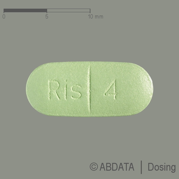 Produktabbildungen für RISPERDAL 4 mg Filmtabletten in der Vorder-, Hinter- und Seitenansicht.