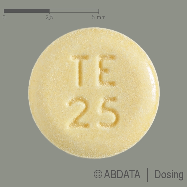 Produktabbildungen für TETMODIS 25 mg Tabletten in der Vorder-, Hinter- und Seitenansicht.