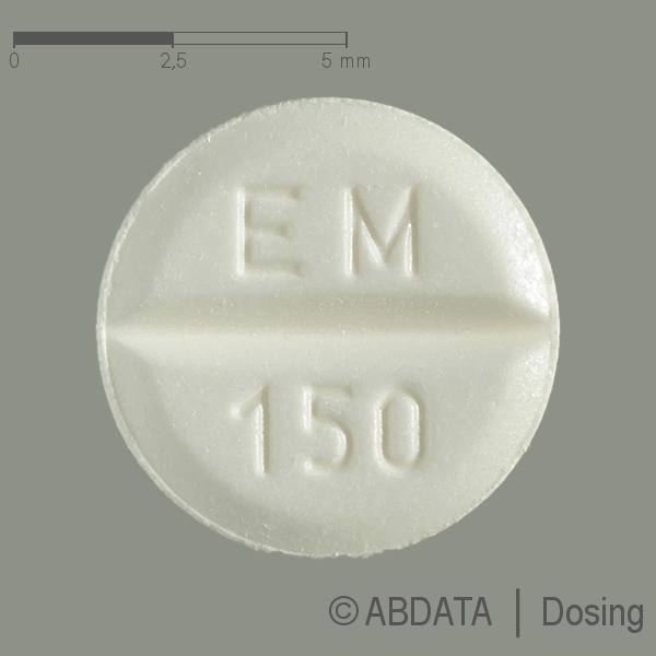 Produktabbildungen für EUTHYROX 150 Mikrogramm Tabletten in der Vorder-, Hinter- und Seitenansicht.