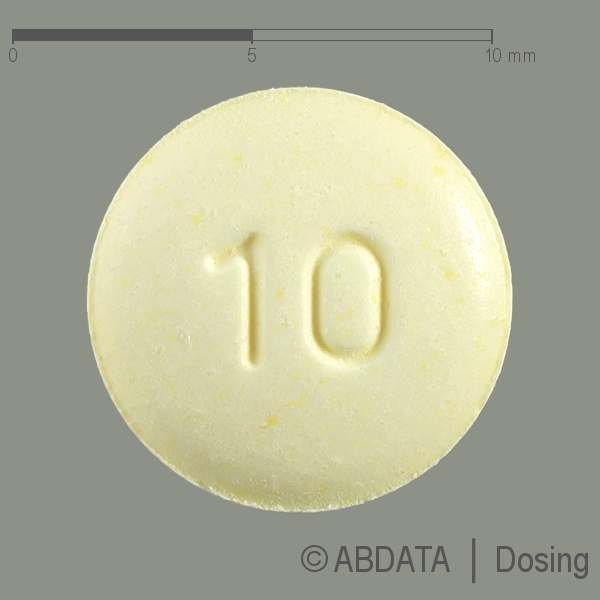 Produktabbildungen für OLANZAPIN AbZ 10 mg Tabletten in der Vorder-, Hinter- und Seitenansicht.