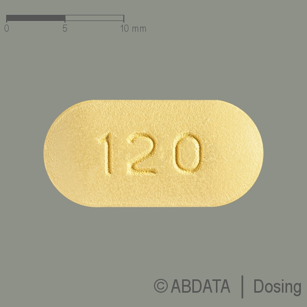 Produktabbildungen für FEBUXOSTAT-1A Pharma 120 mg Filmtabletten in der Vorder-, Hinter- und Seitenansicht.