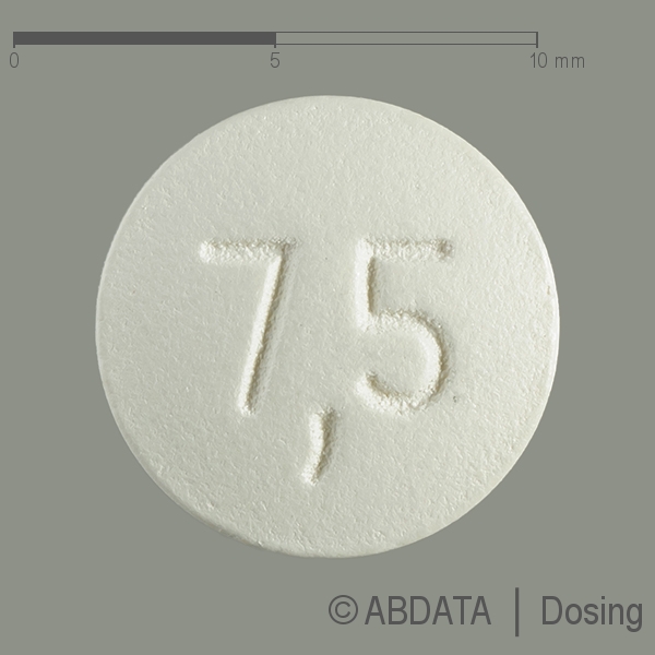 Produktabbildungen für OLANZAPIN Hennig 7,5 mg Filmtabletten in der Vorder-, Hinter- und Seitenansicht.