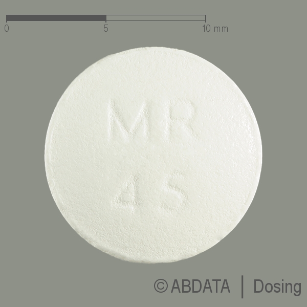 Produktabbildungen für MIRTAZAPIN dura 45 mg Filmtabletten in der Vorder-, Hinter- und Seitenansicht.