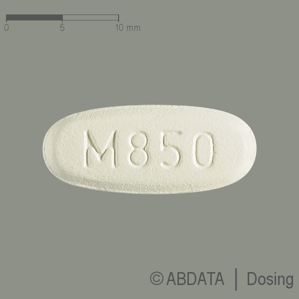 Produktabbildungen für METFORMIN HEXAL 850 mg Filmtabletten in der Vorder-, Hinter- und Seitenansicht.