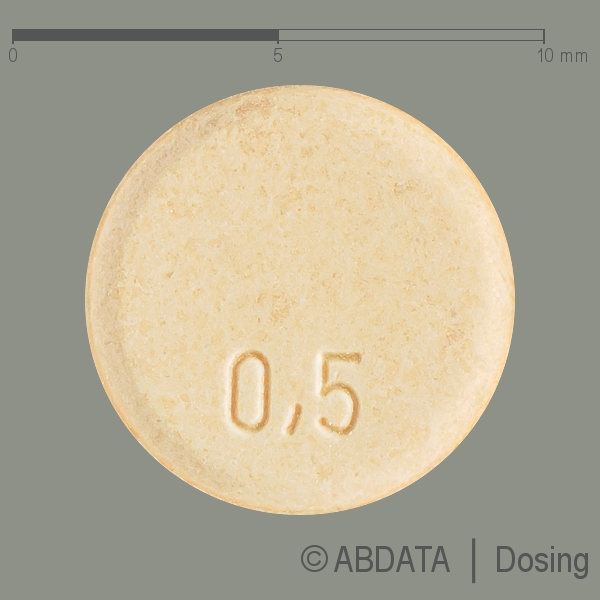 Produktabbildungen für RIVOTRIL 0,5 mg Tabletten in der Vorder-, Hinter- und Seitenansicht.