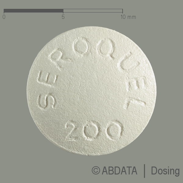 Produktabbildungen für SEROQUEL 200 mg Filmtabletten in der Vorder-, Hinter- und Seitenansicht.