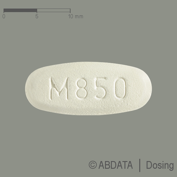 Produktabbildungen für METFORMIN 850-1A Pharma Filmtabletten in der Vorder-, Hinter- und Seitenansicht.