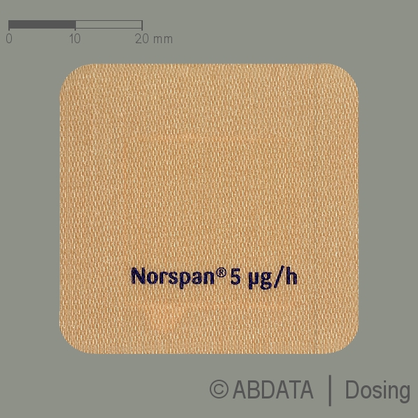 Produktabbildungen für NORSPAN 5 Mikrogramm/h transd.Pfl.5mg/Pfl.7 Tage in der Vorder-, Hinter- und Seitenansicht.