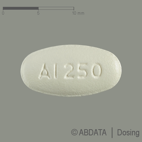 Produktabbildungen für AZI TEVA 250 mg Filmtabletten in der Vorder-, Hinter- und Seitenansicht.