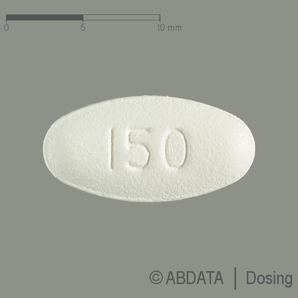 Produktabbildungen für PREZISTA 150 mg Filmtabletten in der Vorder-, Hinter- und Seitenansicht.