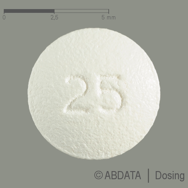 Produktabbildungen für EDURANT 25 mg Filmtabletten in der Vorder-, Hinter- und Seitenansicht.