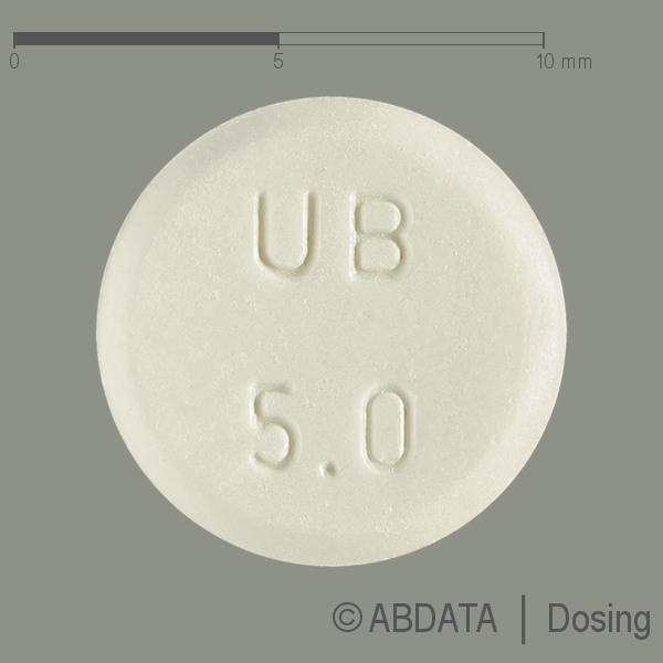 Produktabbildungen für UBRETID Tabletten 5 mg in der Vorder-, Hinter- und Seitenansicht.