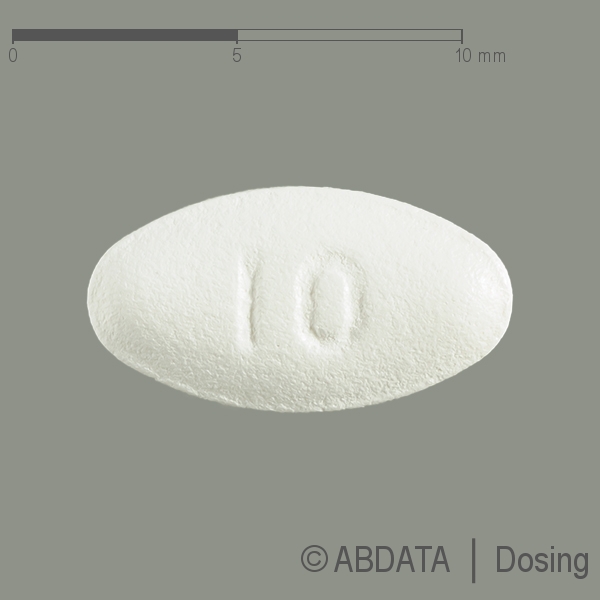 Produktabbildungen für ATORVASTATIN AbZ 10 mg Filmtabletten in der Vorder-, Hinter- und Seitenansicht.