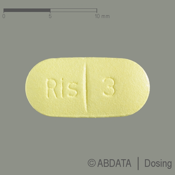 Produktabbildungen für RISPERDAL 3 mg Filmtabletten in der Vorder-, Hinter- und Seitenansicht.