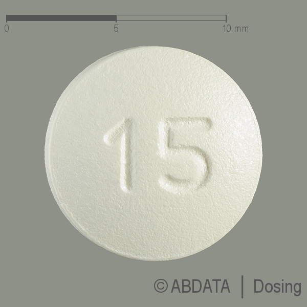 Produktabbildungen für OLANZAPIN beta 15 mg Filmtabletten in der Vorder-, Hinter- und Seitenansicht.