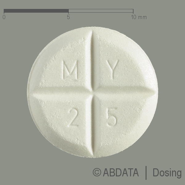 Produktabbildungen für MYOCHOLINE GLENWOOD 25 mg Tabletten in der Vorder-, Hinter- und Seitenansicht.