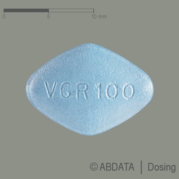 Produktabbildungen für VIAGRA 100 mg Filmtabletten in der Vorder-, Hinter- und Seitenansicht.