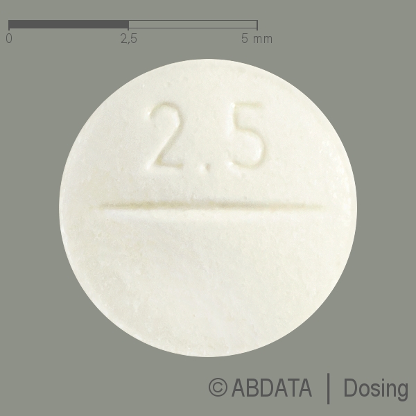Produktabbildungen für BISOLICH 2,5 mg Tabletten in der Vorder-, Hinter- und Seitenansicht.