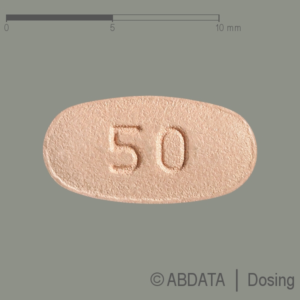 Produktabbildungen für LACOSAMID Glenmark 50 mg Filmtabletten in der Vorder-, Hinter- und Seitenansicht.