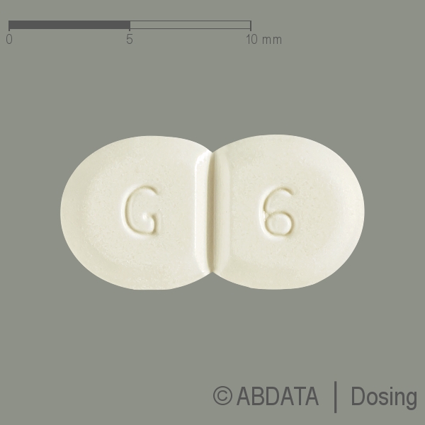 Produktabbildungen für GLIMEPIRID-1A Pharma 6 mg Tabletten in der Vorder-, Hinter- und Seitenansicht.