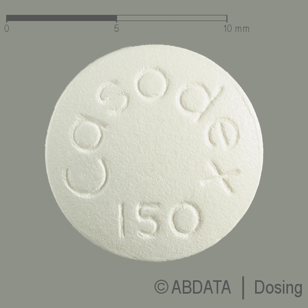 Produktabbildungen für CASODEX 150 mg Filmtabletten in der Vorder-, Hinter- und Seitenansicht.