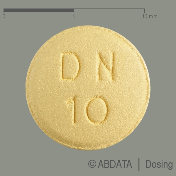 Produktabbildungen für DONEPEZIL-HCL AbZ 10 mg Filmtabletten in der Vorder-, Hinter- und Seitenansicht.