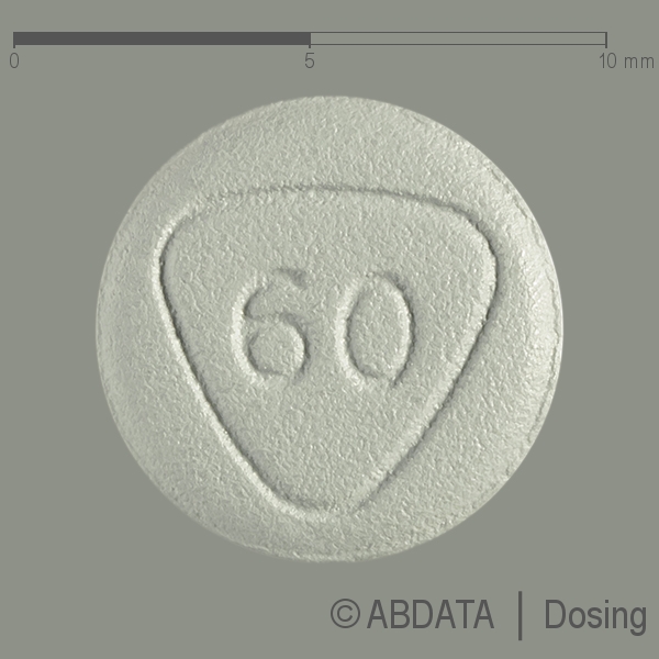 Produktabbildungen für PRILIGY 60 mg Filmtabletten in der Vorder-, Hinter- und Seitenansicht.
