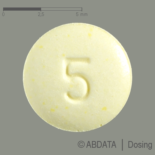 Produktabbildungen für OLANZAPIN-ratiopharm 5 mg Tabletten in der Vorder-, Hinter- und Seitenansicht.
