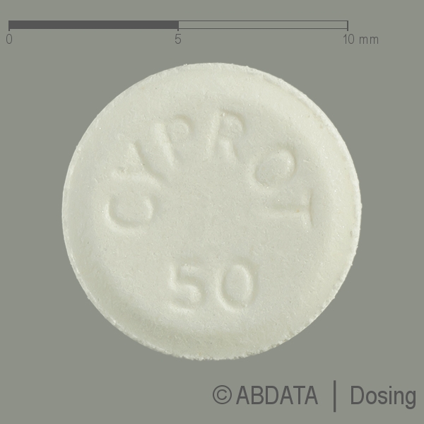 Produktabbildungen für CYPROTERONACETAT GRY 50 mg Tabletten in der Vorder-, Hinter- und Seitenansicht.