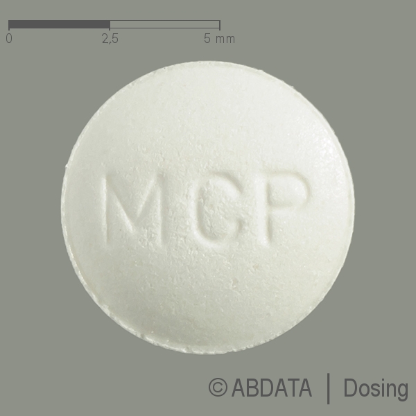 Produktabbildungen für MCP-ratiopharm 10 mg Tabletten in der Vorder-, Hinter- und Seitenansicht.