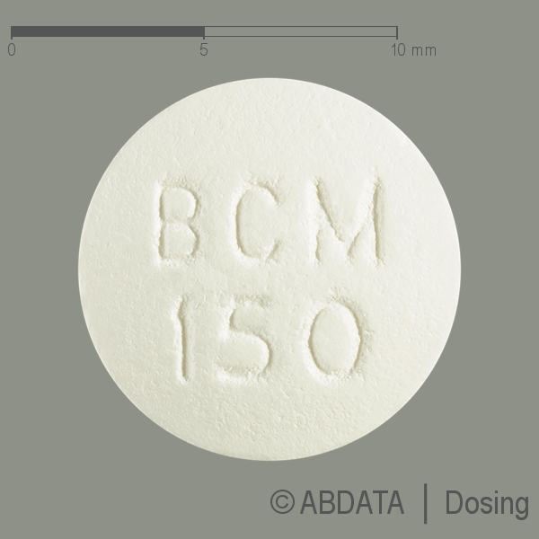 Produktabbildungen für BICALUTAMID-Uropharm 150 mg Filmtabletten in der Vorder-, Hinter- und Seitenansicht.