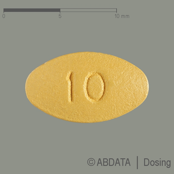 Produktabbildungen für TADALAFIL-ratiopharm 10 mg Filmtabletten in der Vorder-, Hinter- und Seitenansicht.