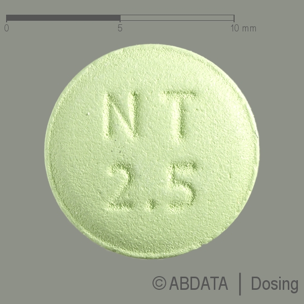 Produktabbildungen für NARATRIPTAN-ratiopharm 2,5 mg Filmtabletten in der Vorder-, Hinter- und Seitenansicht.