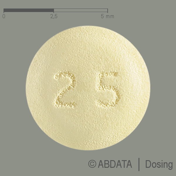 Produktabbildungen für ERLOTEV 25 mg Filmtabletten in der Vorder-, Hinter- und Seitenansicht.