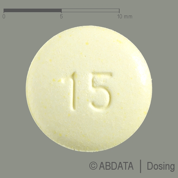 Produktabbildungen für OLANZAPIN-ratiopharm 15 mg Tabletten in der Vorder-, Hinter- und Seitenansicht.