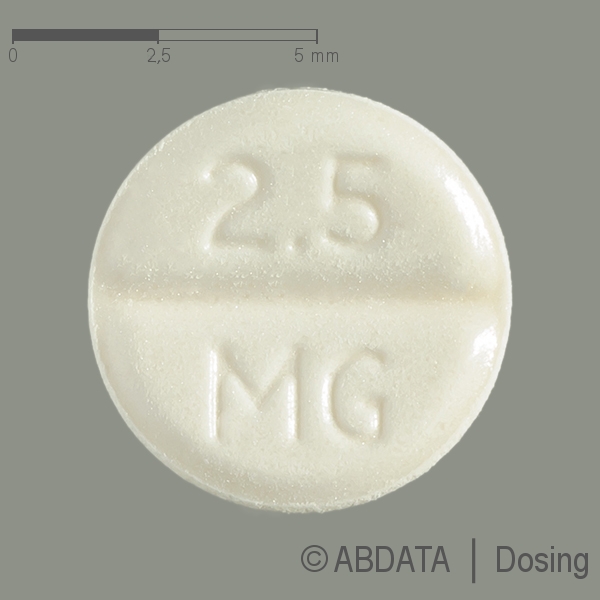 Produktabbildungen für PRAVIDEL Tabletten 2,5 mg in der Vorder-, Hinter- und Seitenansicht.