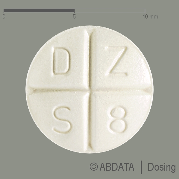Produktabbildungen für DOXACOR 8 mg Tabletten in der Vorder-, Hinter- und Seitenansicht.