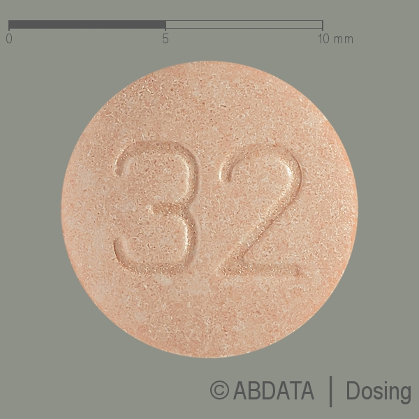 Produktabbildungen für BLOPRESS 32 mg Tabletten in der Vorder-, Hinter- und Seitenansicht.