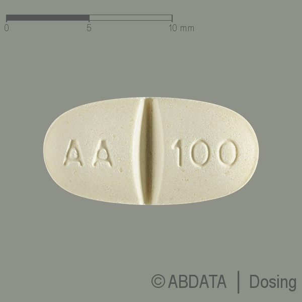 Produktabbildungen für ACARBOSE dura 100 mg Tabletten in der Vorder-, Hinter- und Seitenansicht.