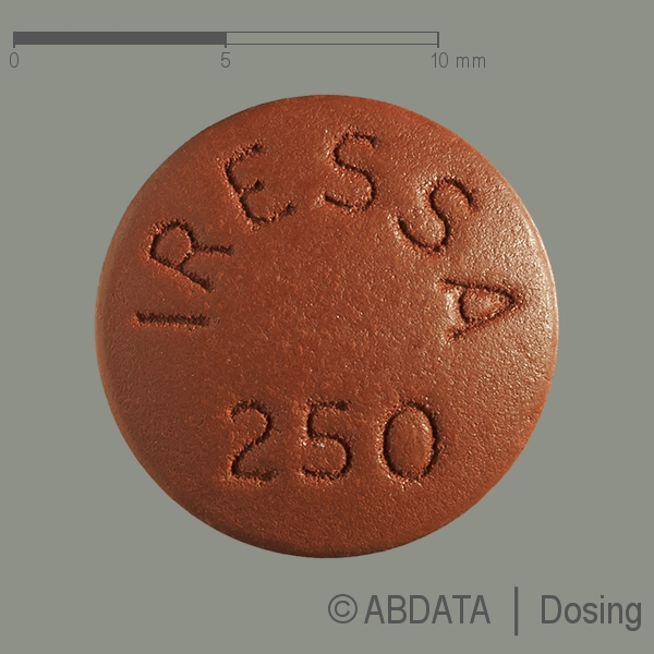 Produktabbildungen für IRESSA 250 mg Filmtabletten in der Vorder-, Hinter- und Seitenansicht.