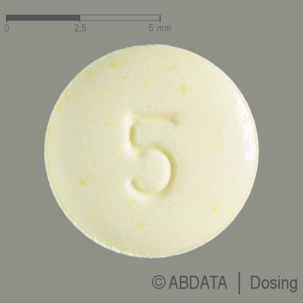 Produktabbildungen für OLANZAPIN-CT 5 mg Tabletten in der Vorder-, Hinter- und Seitenansicht.