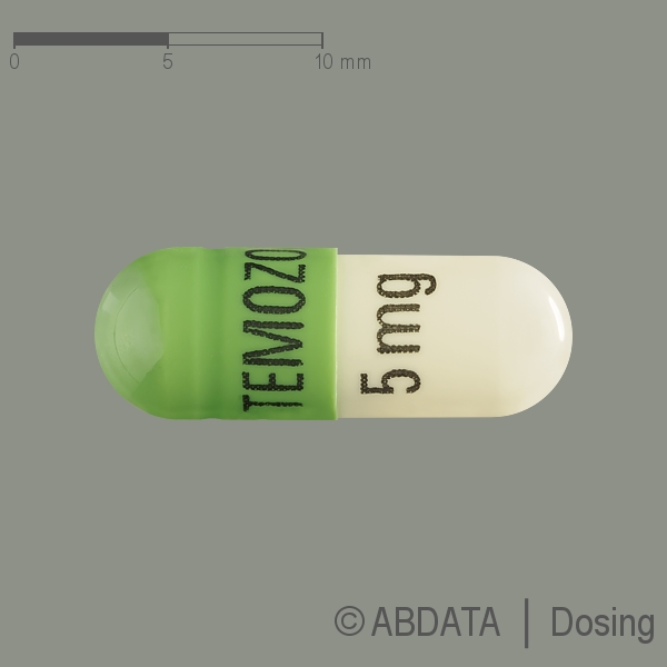 Produktabbildungen für TEMOZOLOMID Cipla 5 mg Hartkapseln in der Vorder-, Hinter- und Seitenansicht.