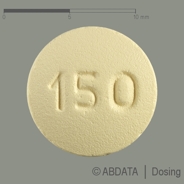 Produktabbildungen für QUETIAPIN-ratiopharm 150 mg Filmtabletten in der Vorder-, Hinter- und Seitenansicht.