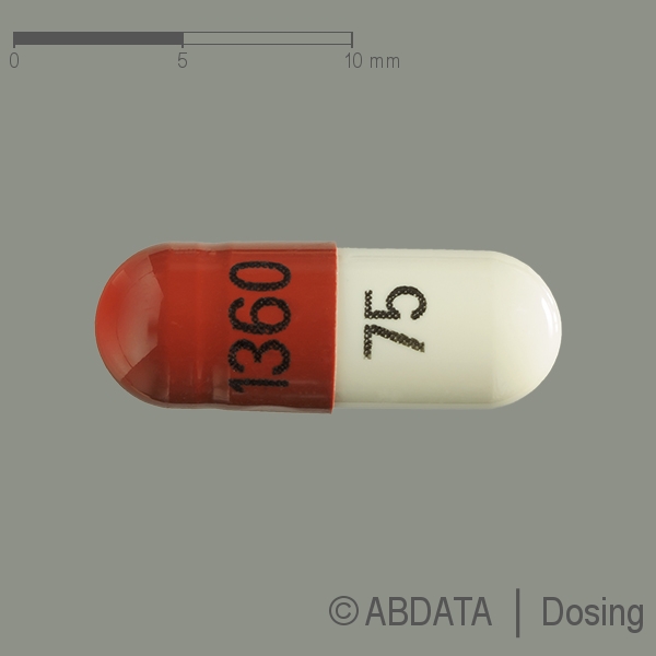 Produktabbildungen für PREGABIN 75 mg Hartkapseln in der Vorder-, Hinter- und Seitenansicht.